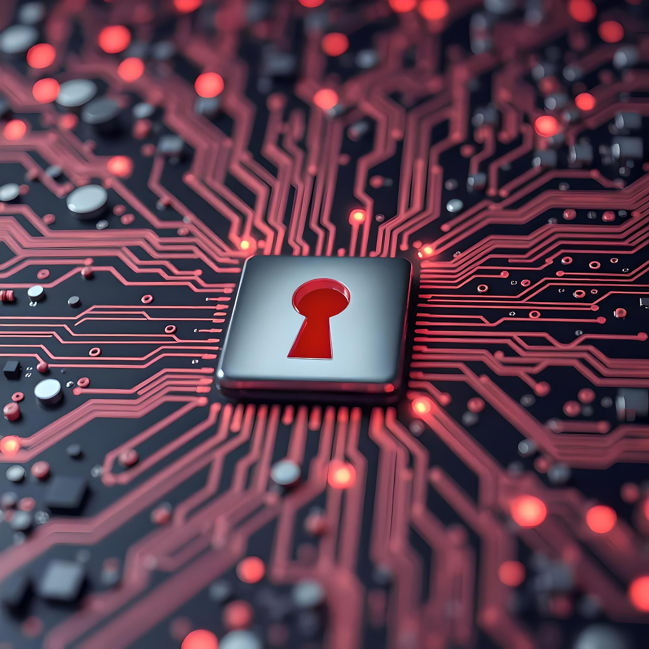 A digital illustration of a computer chip with a keyhole symbol on a circuit board with glowing red lines, representing digital security and privacy.