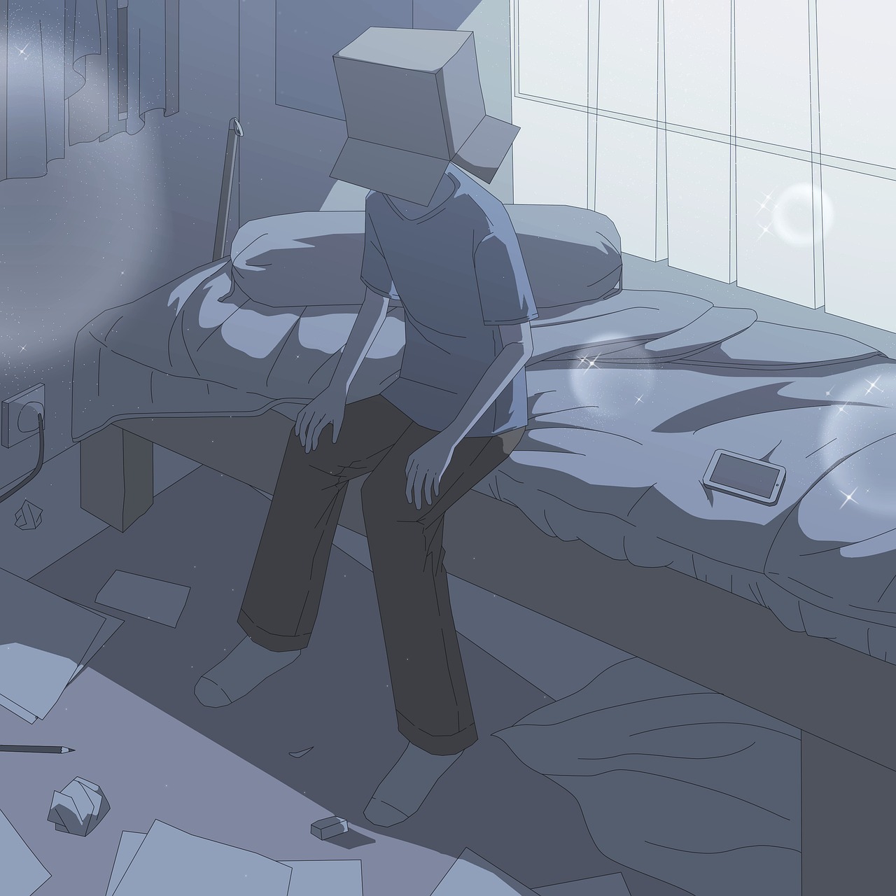 An illustration of a person sitting alone on a bed with a box over their head, representing isolation or withdrawal.