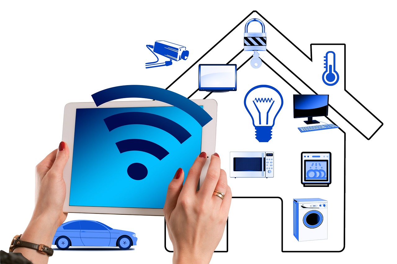A person using a tablet to control various smart home devices represented by icons.