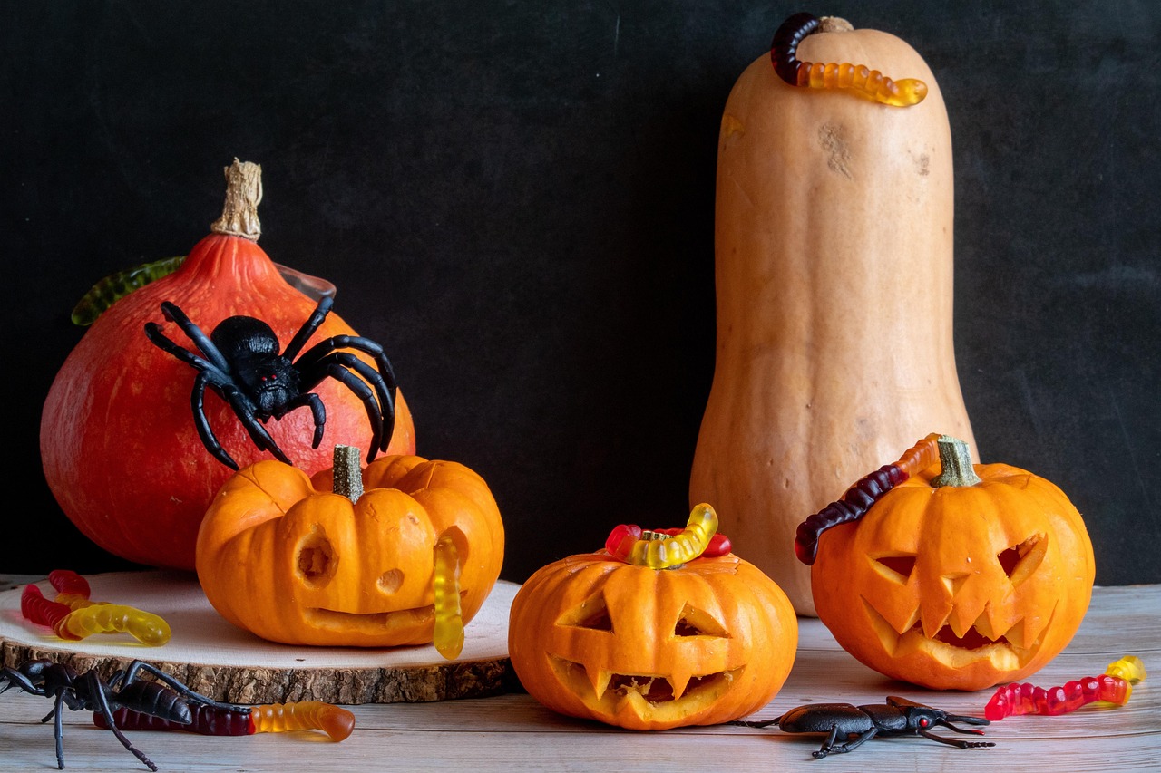 A collection of carved pumpkins and gourds decorated with plastic spiders and gummy worms for Halloween.