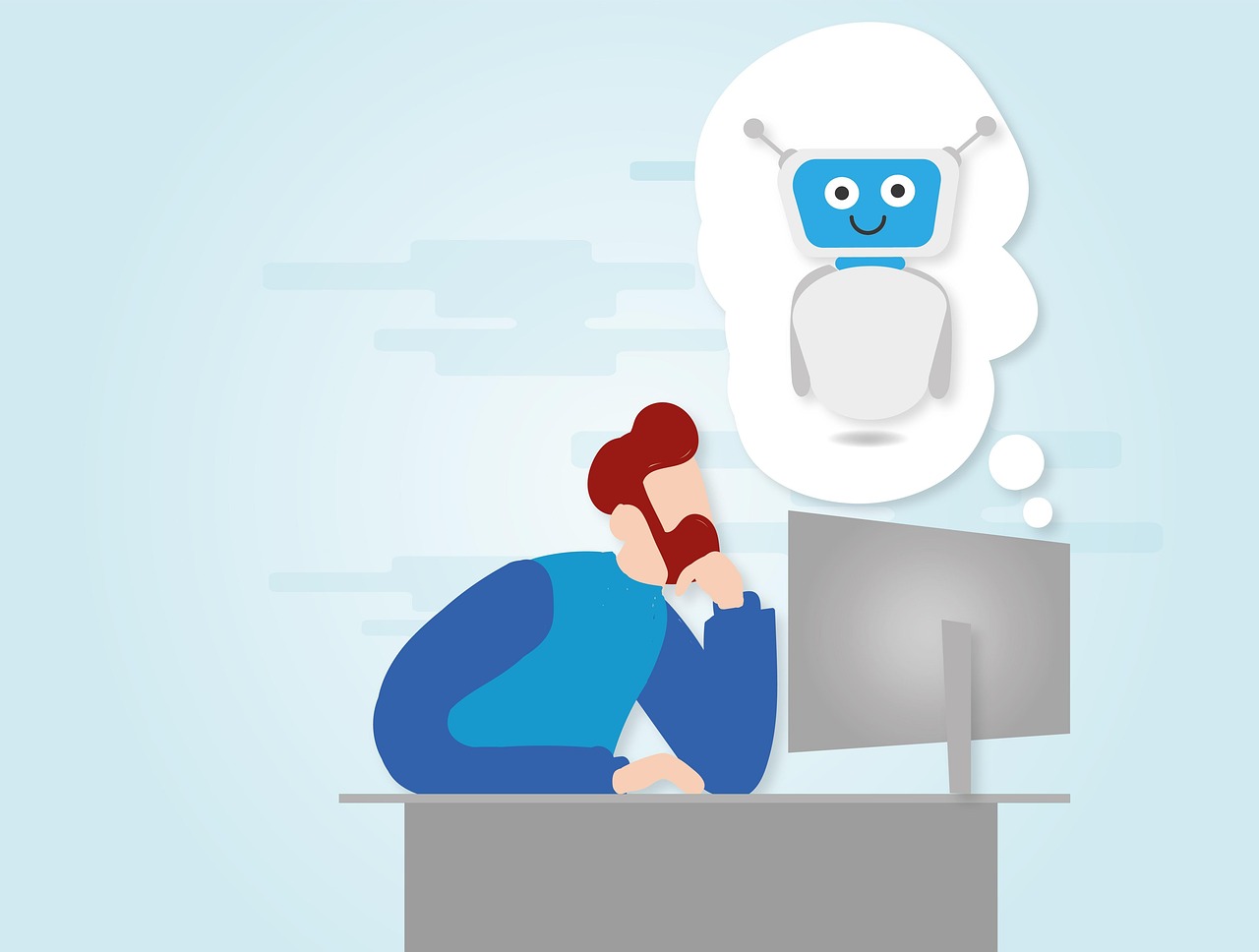 A cartoon illustration of a person sitting at a computer thinking about a friendly robot assistant.