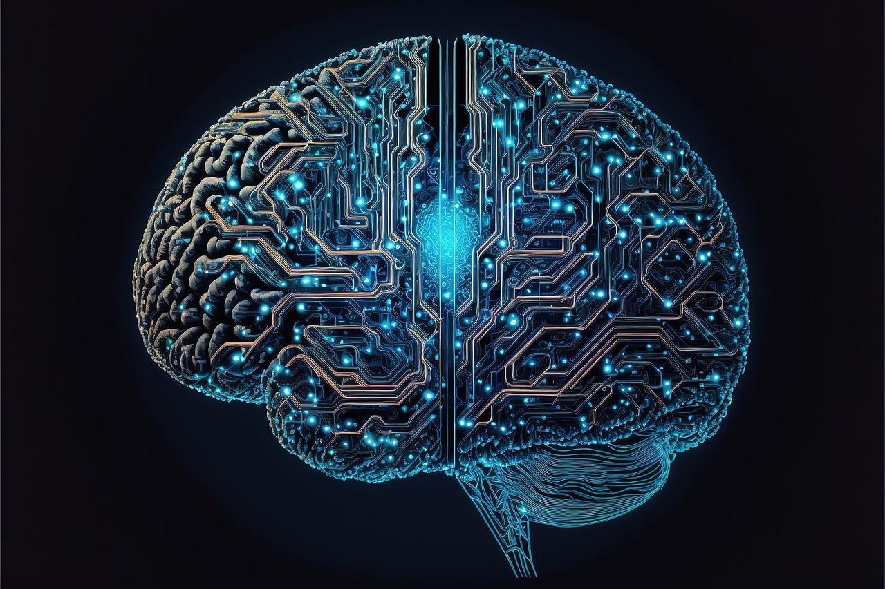 A digital illustration of a human brain integrated with glowing circuit board patterns, representing artificial intelligence.