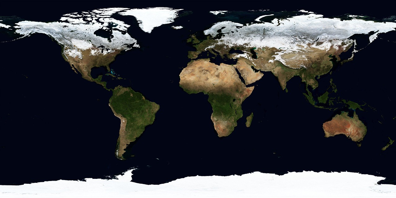 A satellite view of the Earth showing continents and oceans.