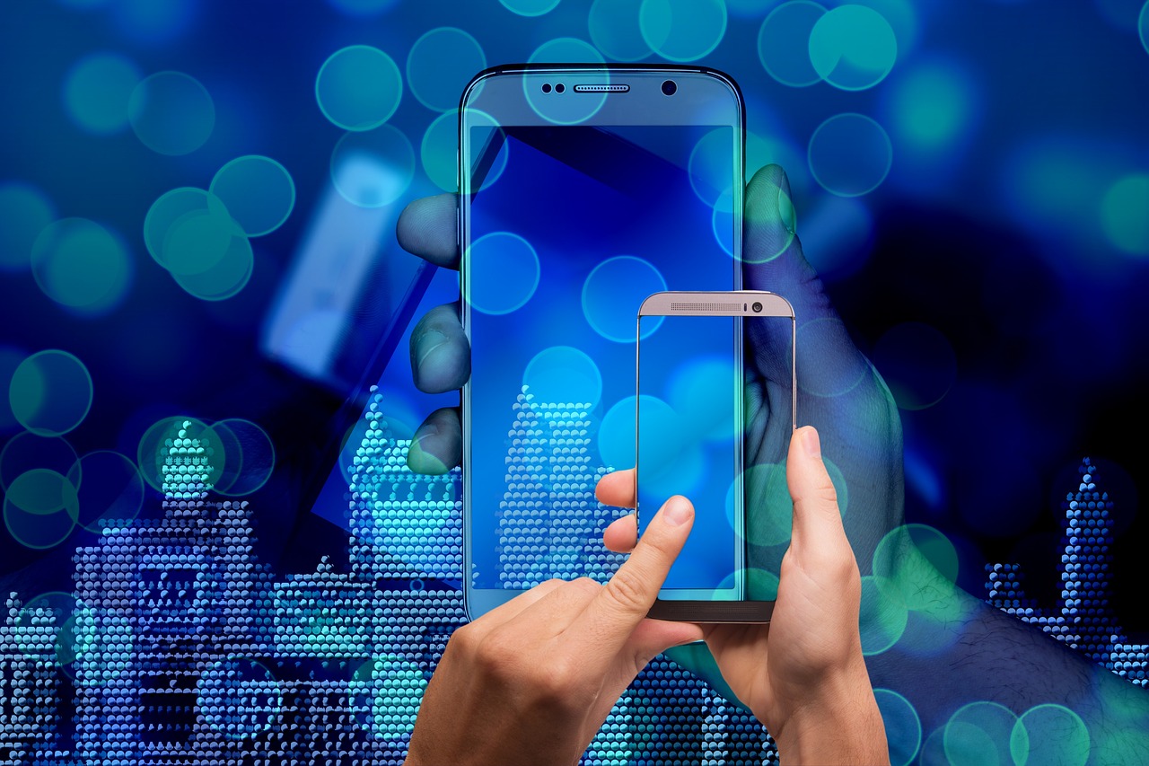 A person holding a smartphone with a digital overlay of another phone, representing mobile technology and connectivity.