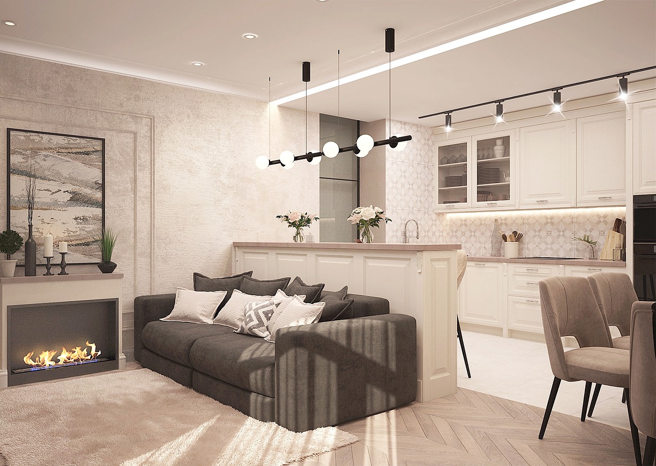 A modern, clean living room and kitchen area, representing a typical rental property.
