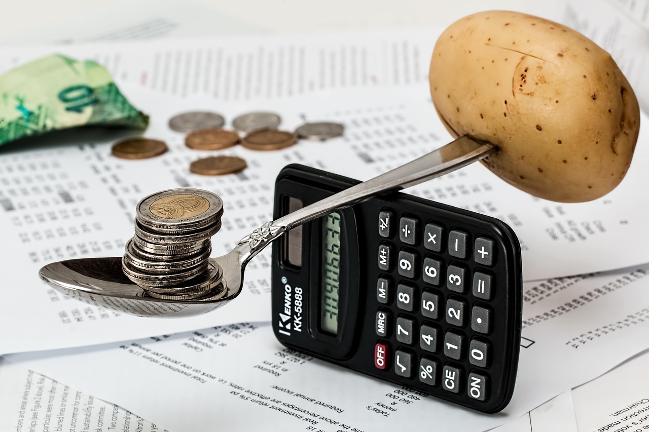 A calculator and a spoon balancing coins against a potato on a background of financial documents.