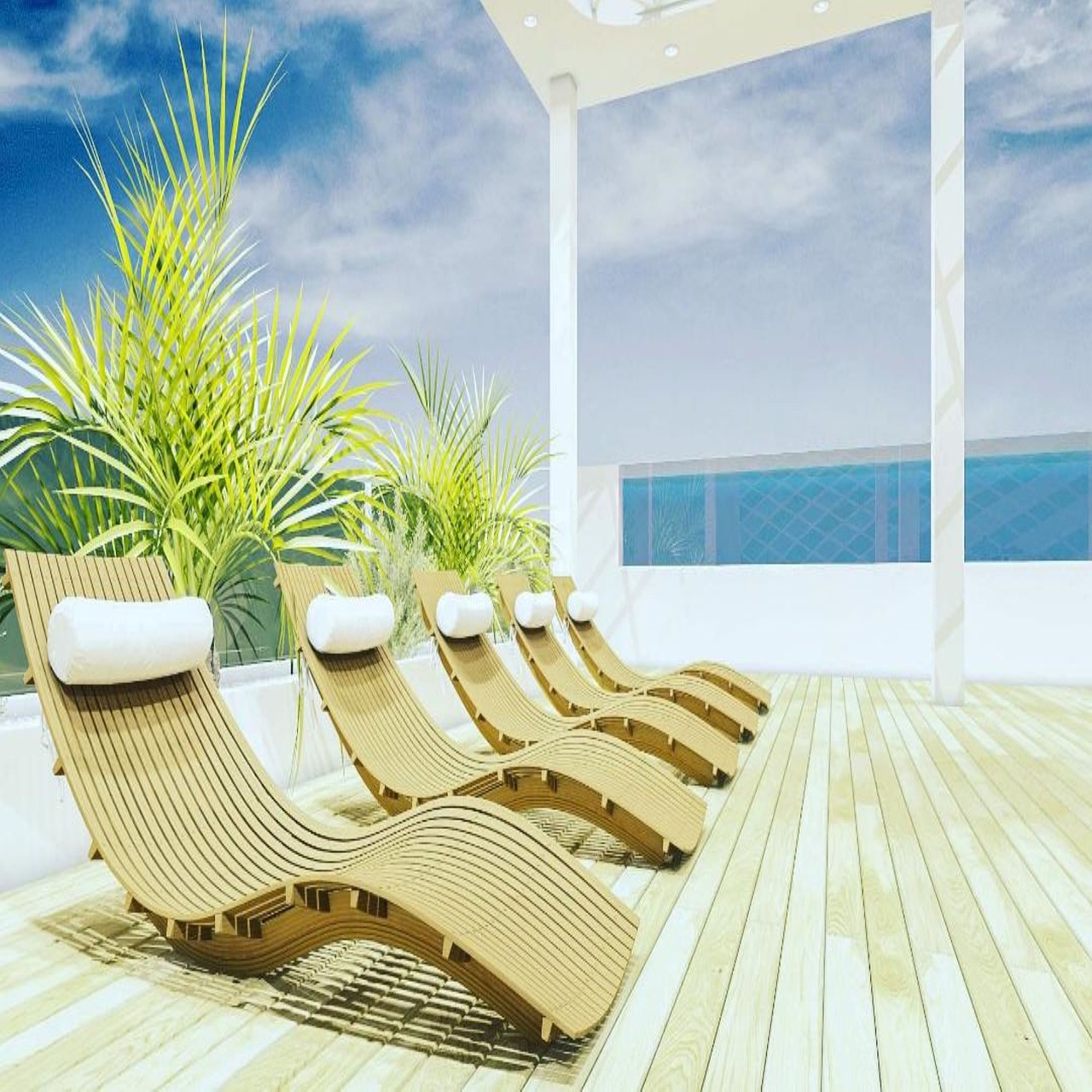 A row of wooden lounge chairs on a deck, representing vacation rental amenities.