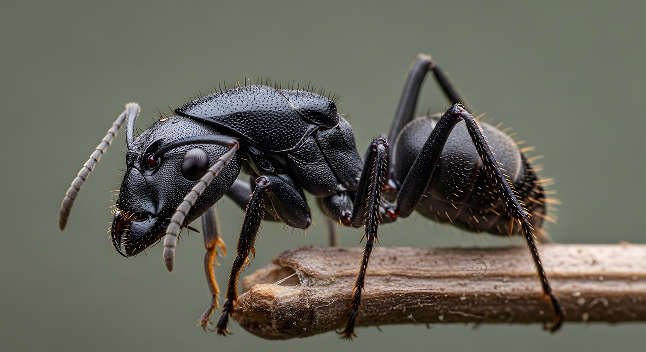 A close-up of a black ant on a twig, showing its head and antennae clearly.