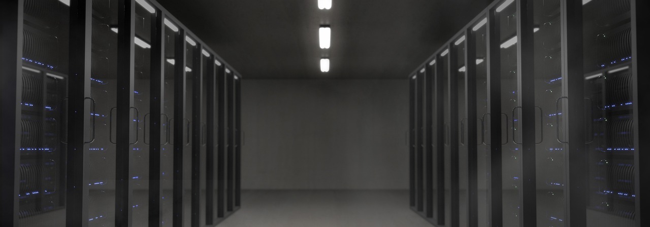 A row of server racks in a data center.