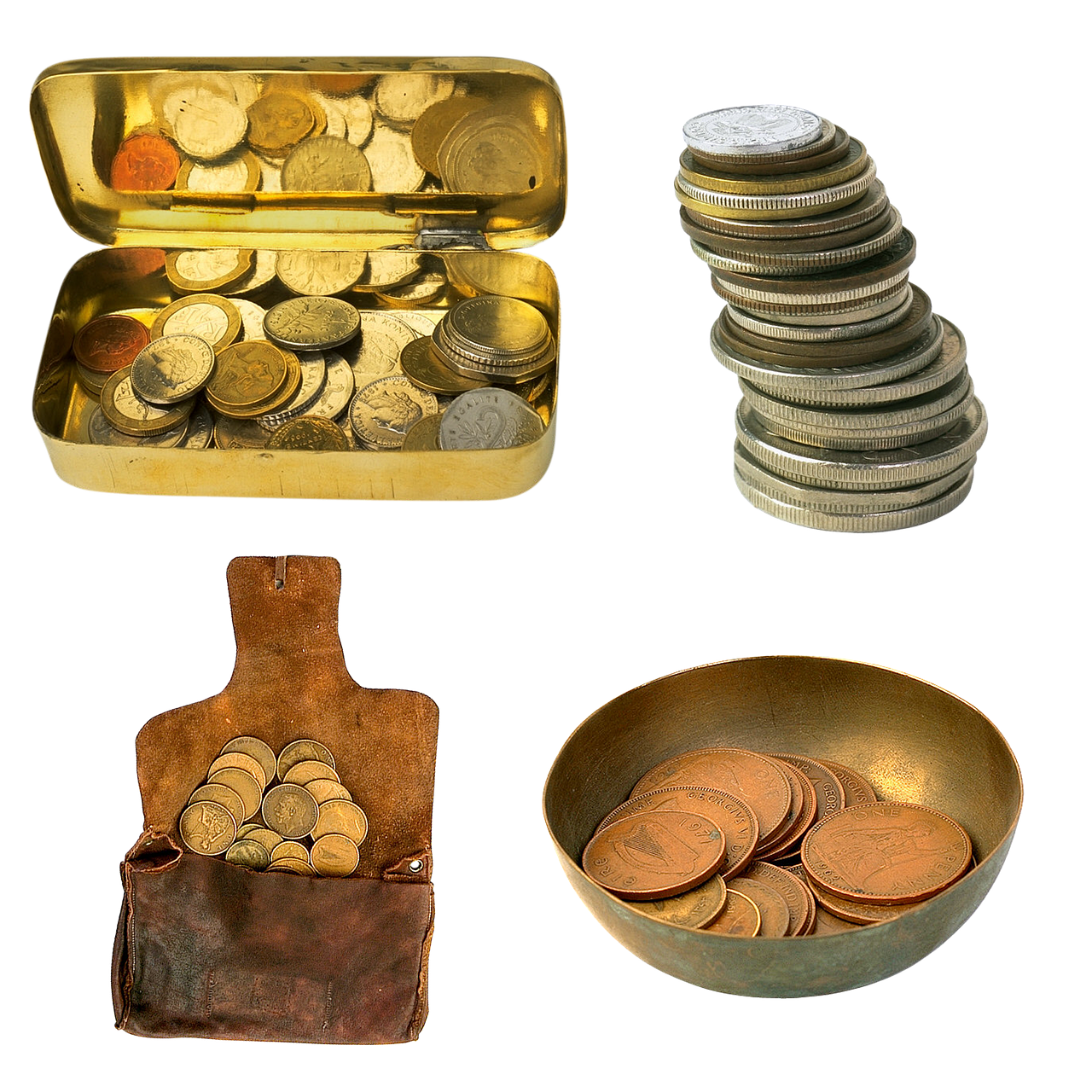 A collection of various coins in a metal box, a leather pouch, and a small bowl, representing money and finance.