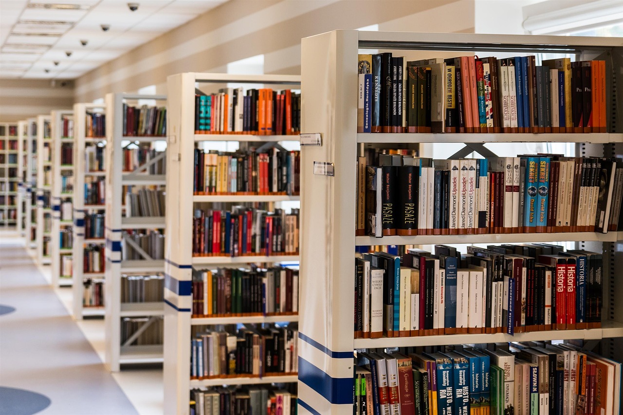 Rows of bookshelves in a library