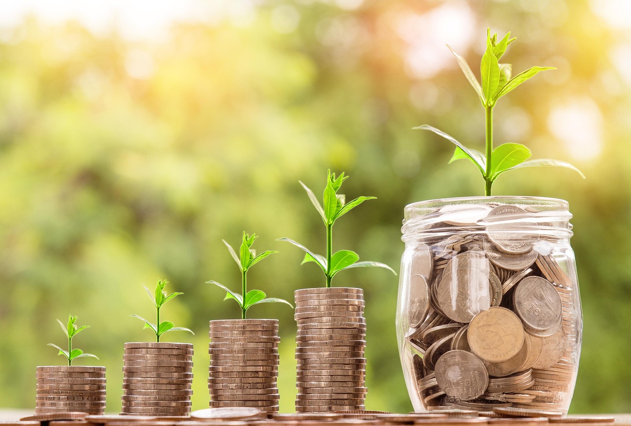 A series of coin stacks with small green plants growing out of them, symbolizing financial growth and saving money.