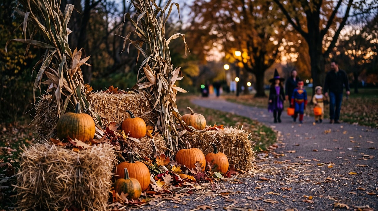 A festive outdoor scene with pumpkins and hay bales, setting a Halloween atmosphere.